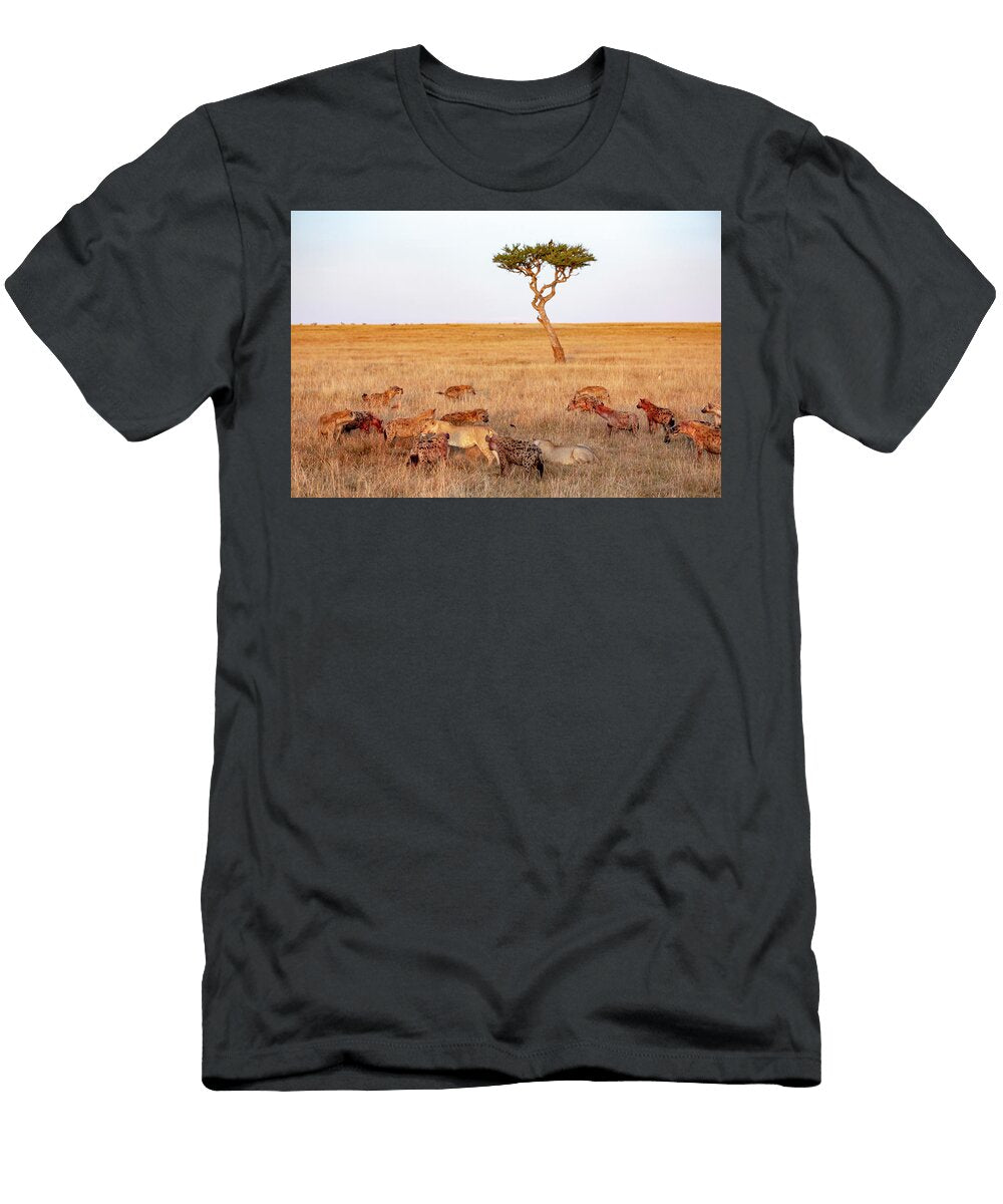 Lion in Conflict with a Group of Spotted Hyenas on a Kill Denis Huot Natureplcom T-Shirt